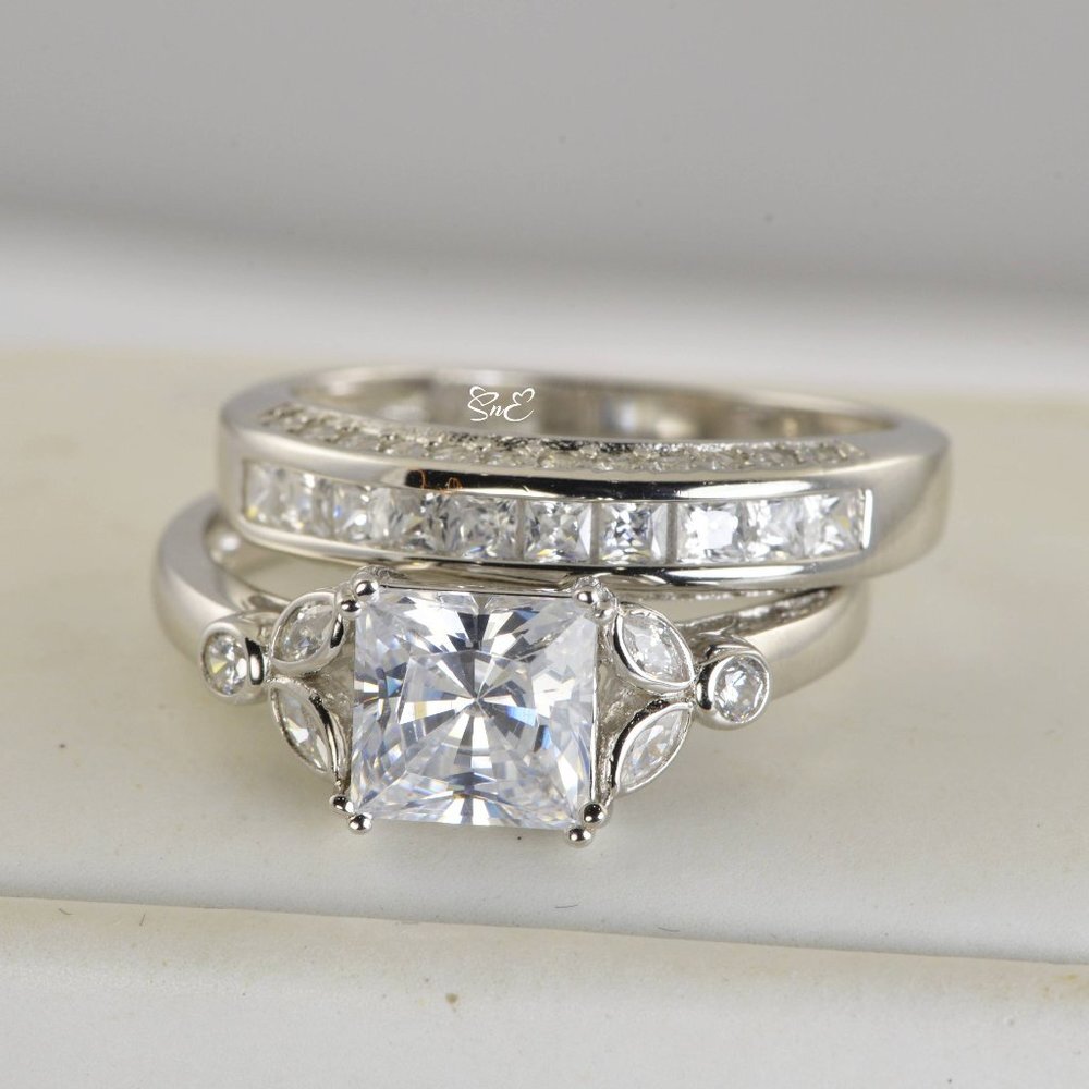 NEW 925 STERLING SILVER ENGAGEMENT RING WEDDING RING DIAMOND SET - Picture 2 of 6